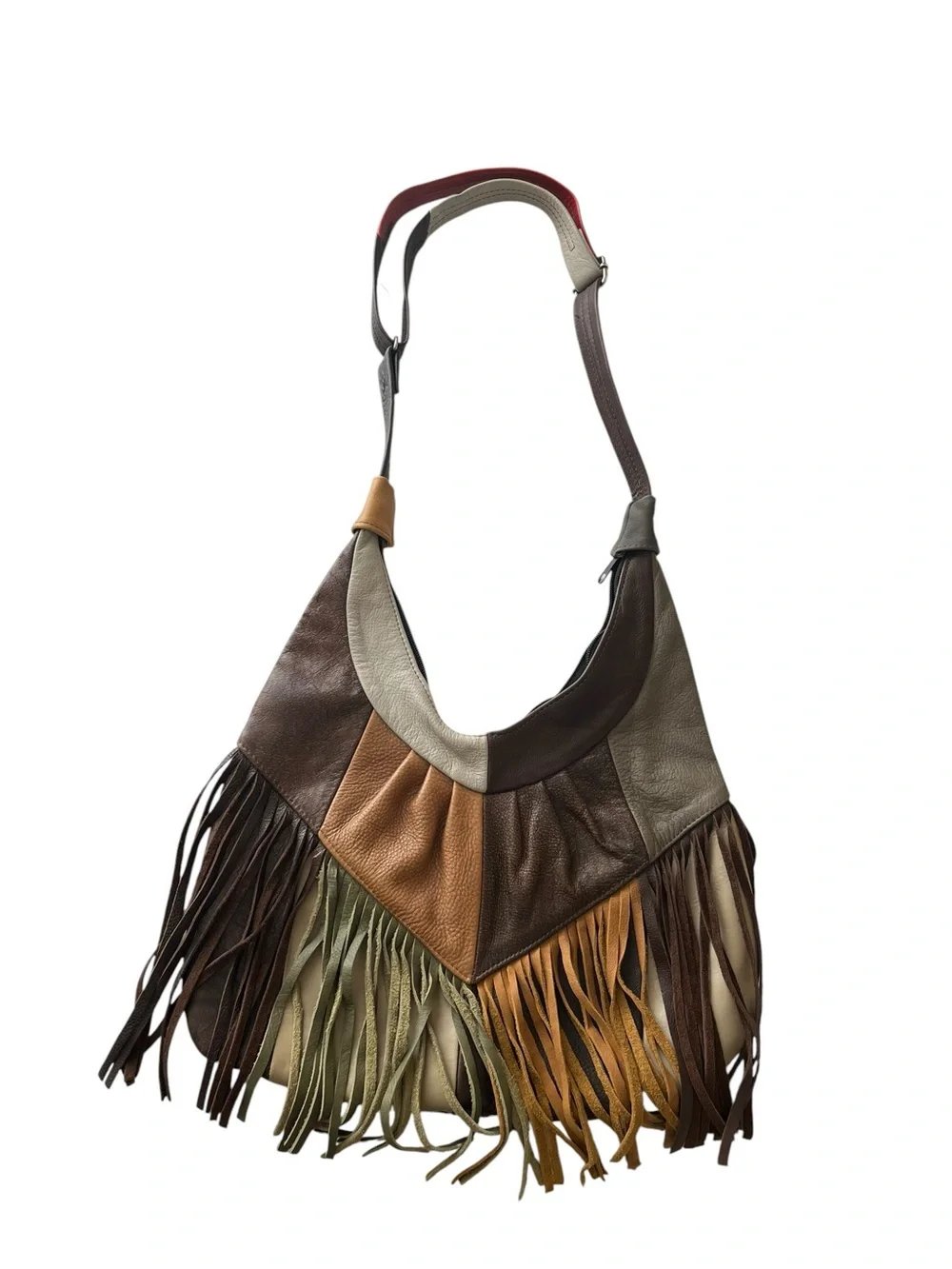Vintage Leather Patchwork Fringe Western Boho Hobo Bag Purse Made in Mexico